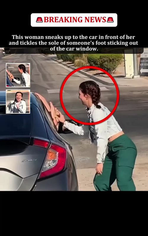 Cover of @khan.james35's TikTok video: This woman sneaks up to the car in front of her and tickles the sole of someone’s foot sticking out of the car window.#Prank #Karma #CaughtOnCamera #TikTokNews 
