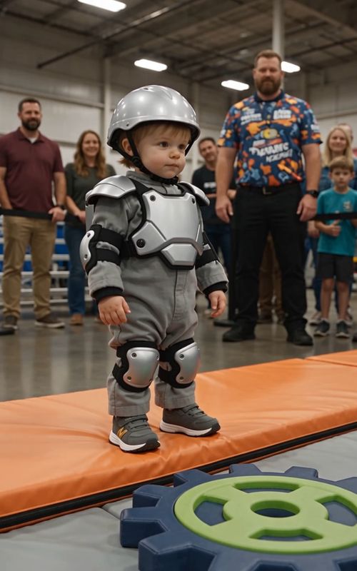 Cover of @totsyrush's TikTok video: A tiny KNIGHT on a quest ⚔️🛡️ Gear pads, rainbow bridge, and a royal slide finish 👑 Rate this little hero 1–10 👇 #cutebaby #toddlerlife #obstaclecourse #fyp